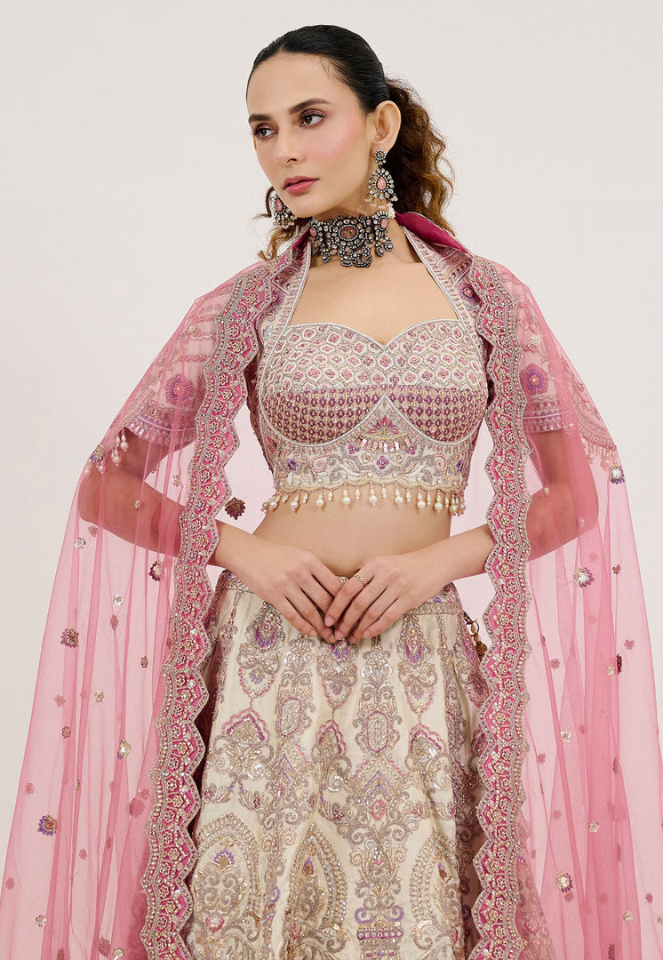 Beige Tussar Silk Lehenga Choli For Wedding