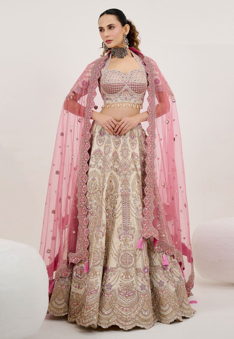 Beige Tussar Silk Lehenga Choli For Wedding