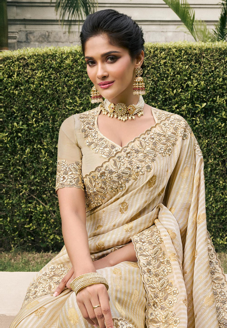 Beige Viscose Saree With Blouse