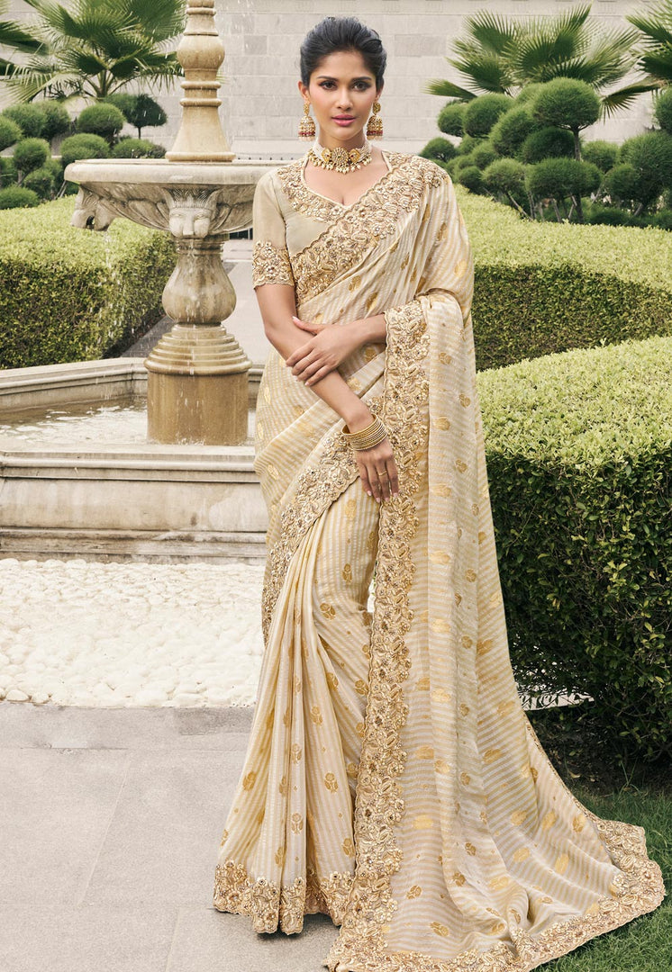 Beige Viscose Saree With Blouse