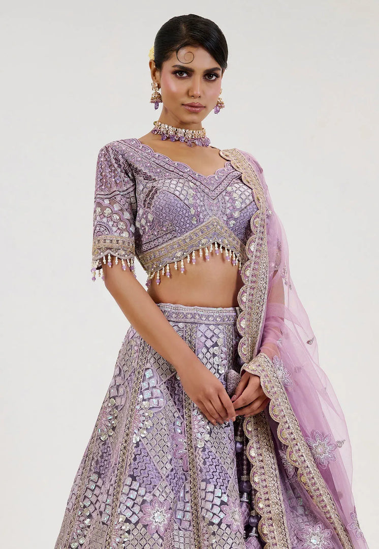 Lavender Net Wedding Lehenga Choli