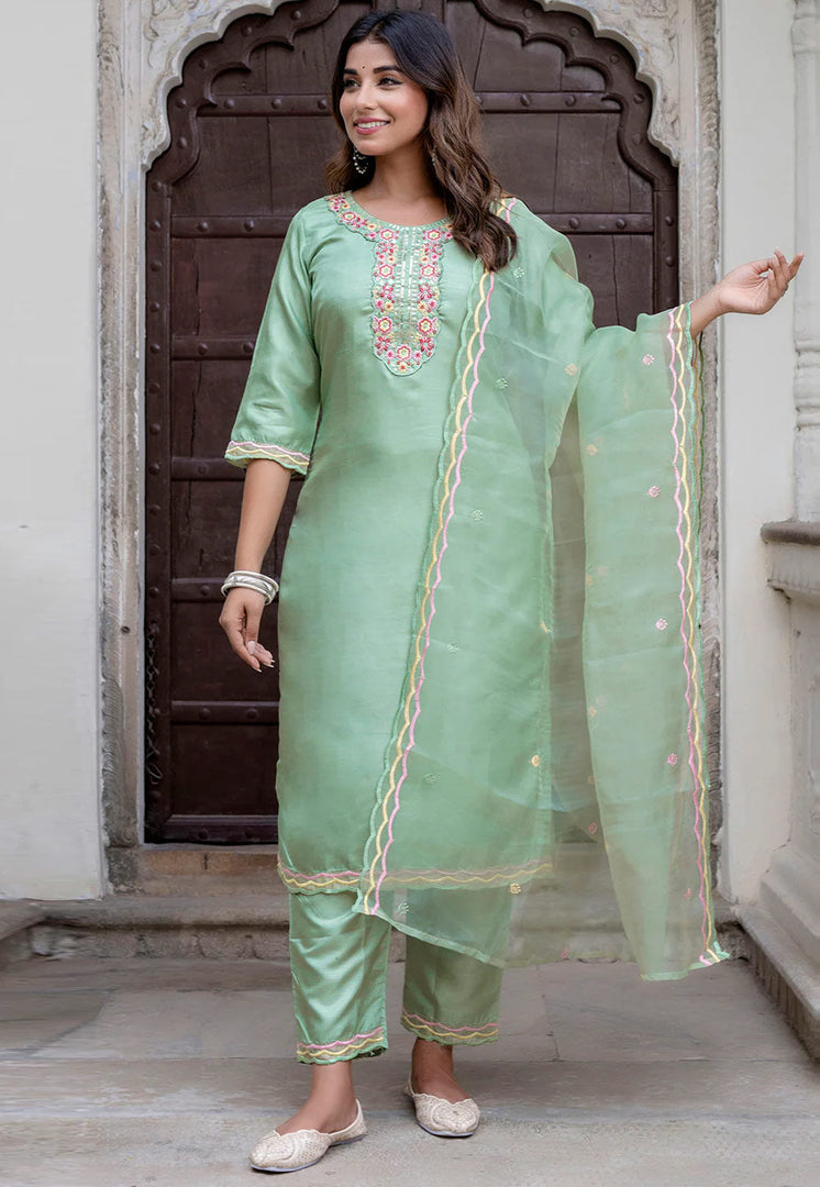 Light Green Silk Readymade Pakistani Suit