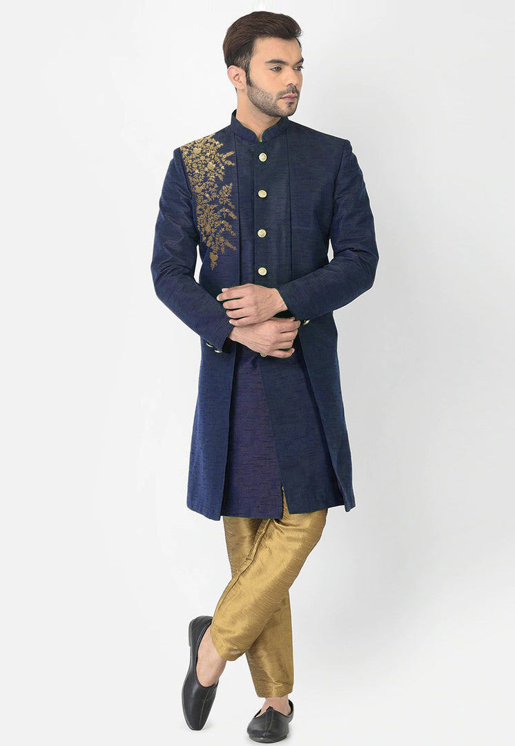 Navy Blue Dupion Silk Indo Western Suit