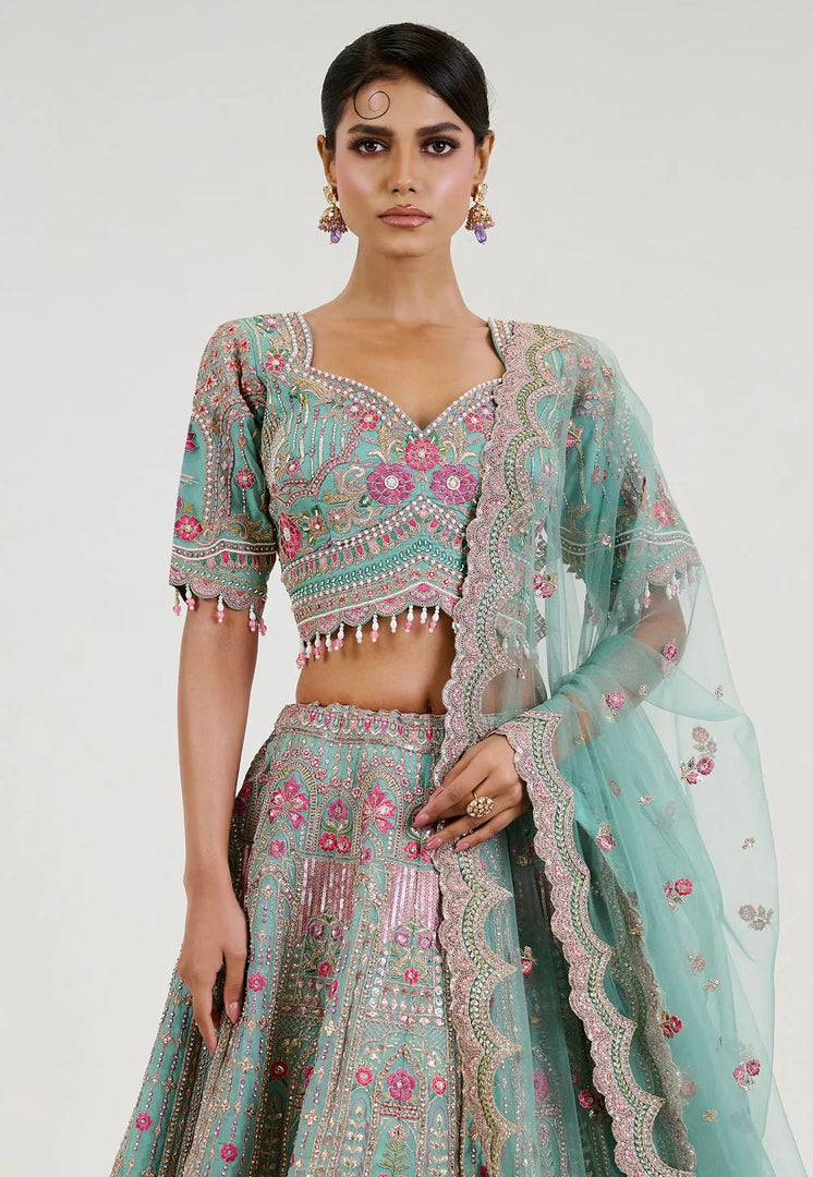 Sea Green Organza Lehenga Choli