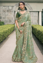 Load image into Gallery viewer, Sea Green Viscose Saree With Blouse
