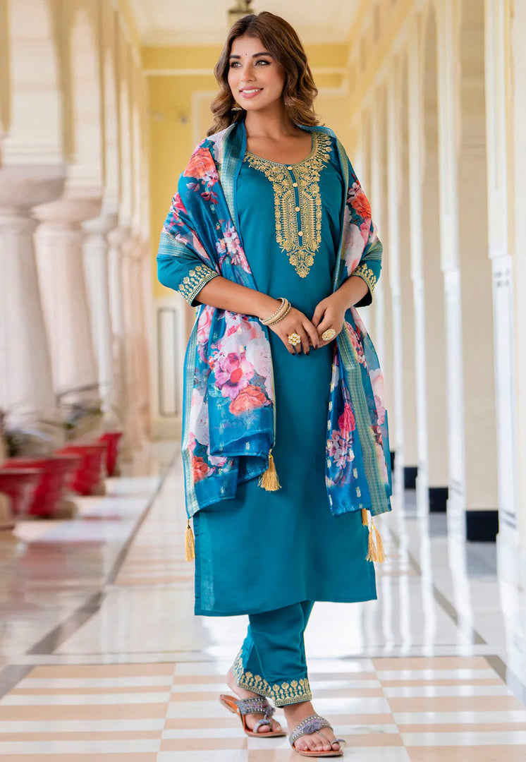 Teal Viscose Rayon Readymade Pakistani Suit